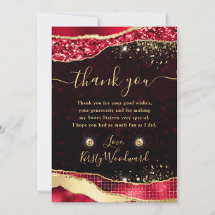 Tarjeta De Agradecimiento Elegante Rojo y Dorado Brillo Glam Lágrimas Cumple