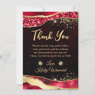 Tarjeta De Agradecimiento Elegante Rojo y Dorado Glitter Glam Lágrimas Quinc