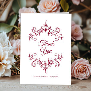 Tarjeta De Agradecimiento Elegante Romance de época Borgoña Boda Floral