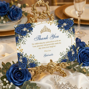 Tarjeta De Agradecimiento Elegante Rosa Azul Real Quinceañera Dorada