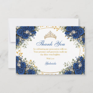 Tarjeta De Agradecimiento Elegante Rosa Azul Real Quinceañera Dorada