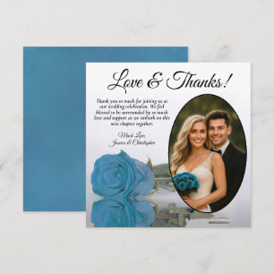 Tarjeta De Agradecimiento Elegante Rosa Azul Turquesa y Foto Ovalada de Boda