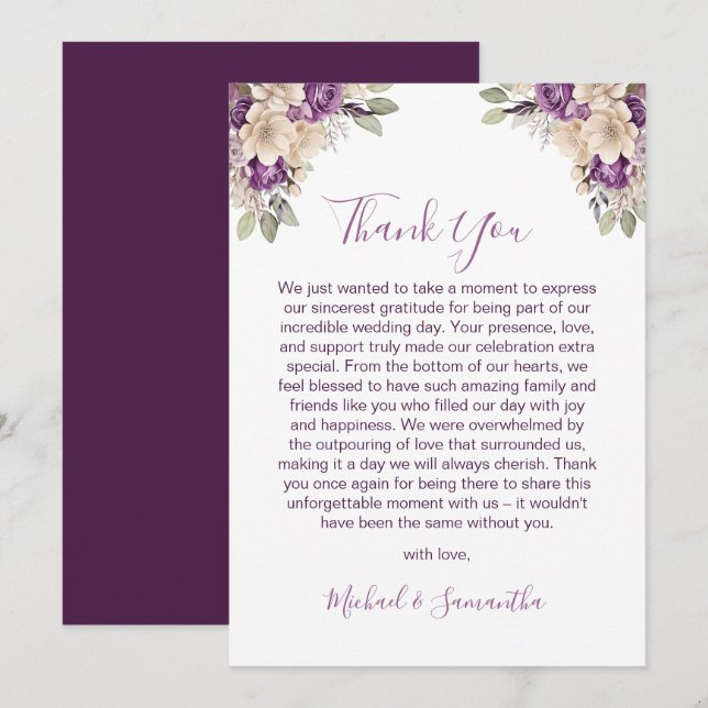 Tarjeta De Agradecimiento Elegante Rosa Boda morado e marfil (Anverso / Reverso)