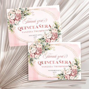 Tarjeta De Agradecimiento Elegante Rosa Claro Eucalipto Boho Quince Gracias