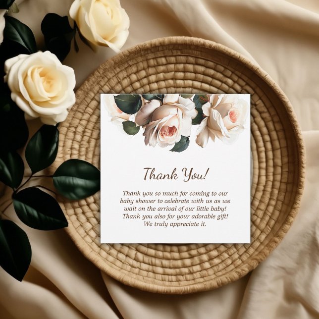 Tarjeta De Agradecimiento Elegante Rosa de Chica Beige Baby Shower (Elegant Beige Rose Girl Baby Shower Thank You Card)