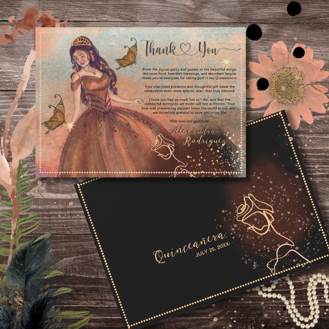 Tarjeta De Agradecimiento Elegante Rosa de cobre de época Quinceañera Gracia (Elegant Vintage Copper Rose Quinceañera Invitation)