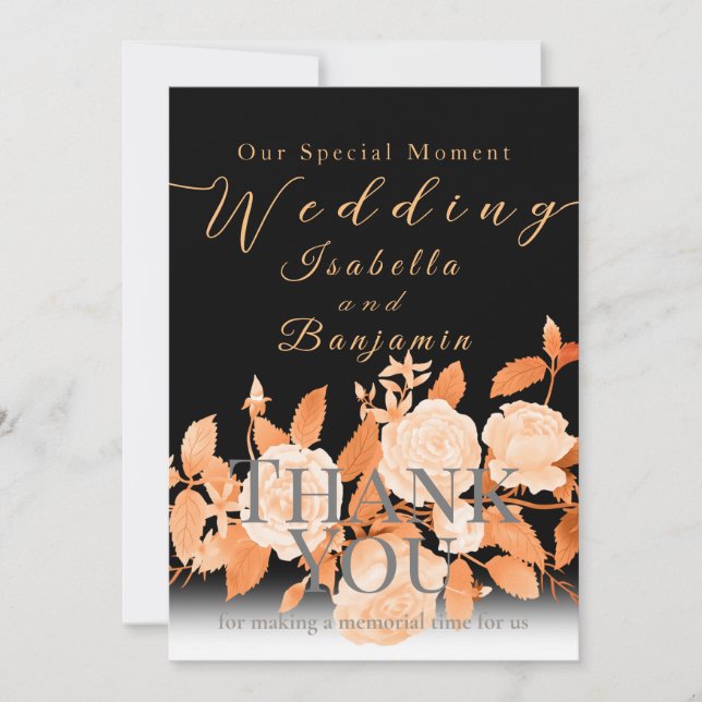 Tarjeta De Agradecimiento Elegante Rosa de oro Boda negro (Anverso)