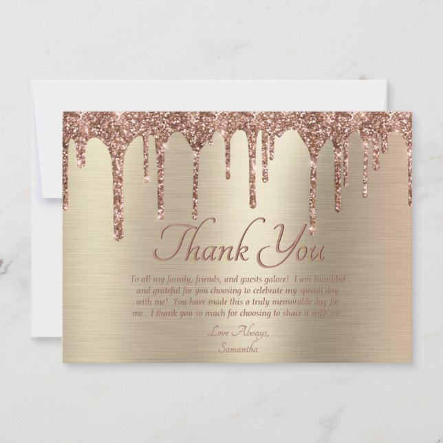 Tarjeta De Agradecimiento Elegante Rosa de oro Purpurina Drin Cumpleaños (Anverso)