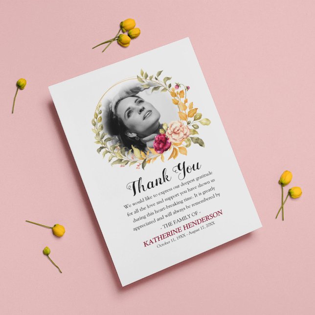 Tarjeta De Agradecimiento Elegante Rosa de Wreath Photo Sympathy Memorial (Subido por el creador)