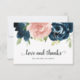 Tarjeta De Agradecimiento Elegante Rosa Desmayado Azul Marino Floral Boda