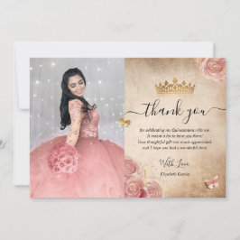 Tarjeta De Agradecimiento Elegante Rosa Desvanecido y Quinceañera Fotografía