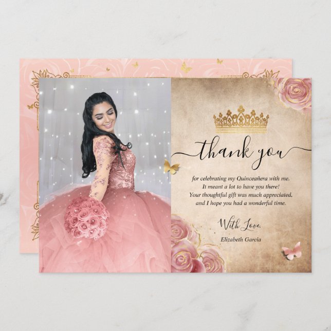Tarjeta De Agradecimiento Elegante Rosa Desvanecido y Quinceañera Fotografía (Anverso / Reverso)