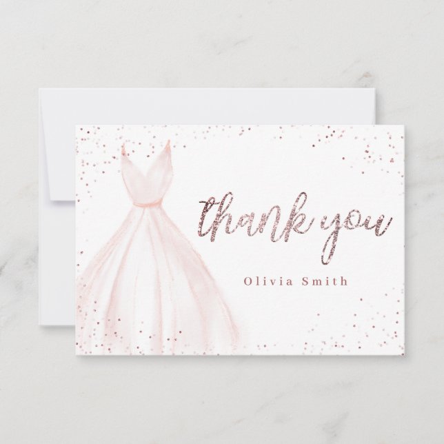 Tarjeta De Agradecimiento Elegante rosa dorado brillante vestido rosa quince (Anverso)