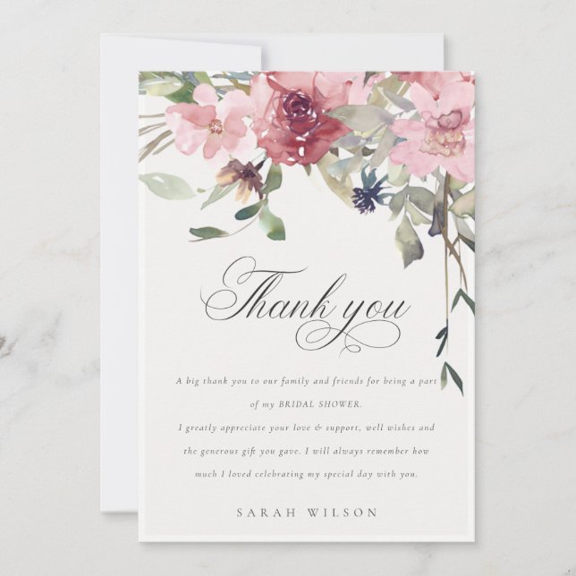 Tarjeta De Agradecimiento Elegante Rosa Floral Bridal Shower Tono Rosa Oscur (Anverso)