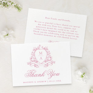 Tarjeta De Agradecimiento Elegante Rosa Floral Cresta Monograma Boda