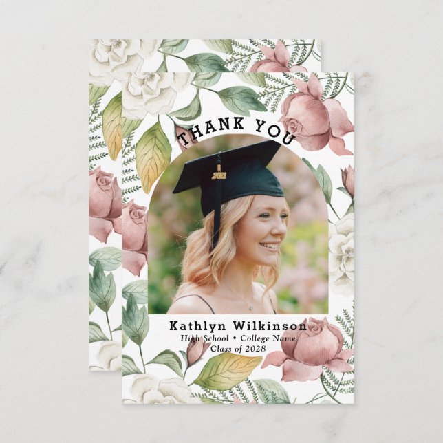 Tarjeta De Agradecimiento Elegante Rosa Floral Photo Graduation Gracias (Anverso / Reverso)
