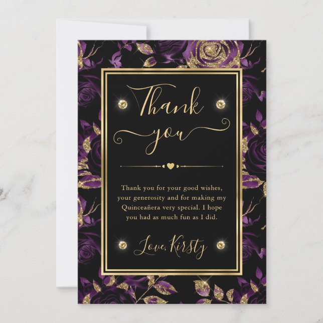 Tarjeta De Agradecimiento Elegante Rosa floral púrpura y dorada Quinceanera (Anverso)