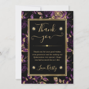 Tarjeta De Agradecimiento Elegante Rosa floral púrpura y dorada Quinceanera