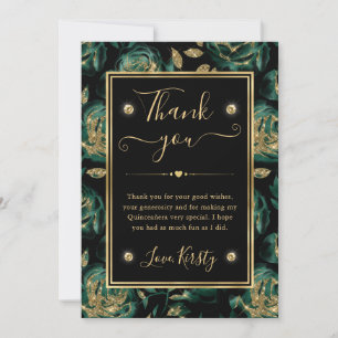 Tarjeta De Agradecimiento Elegante Rosa Floral Verde y Dorado Quinceanera