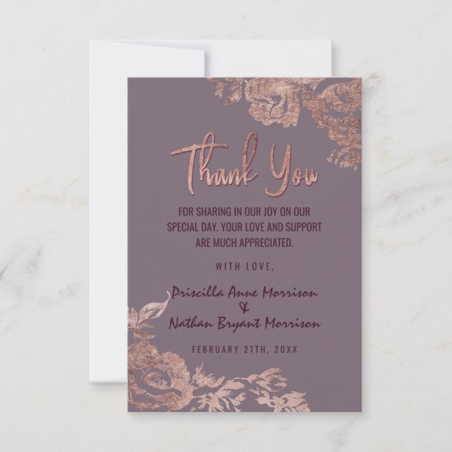 Tarjeta De Agradecimiento Elegante Rosa Gold Floral Purple Mauve Gracias (Anverso)