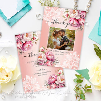 Tarjeta De Agradecimiento Elegante Rosa Gold Watercolor Floral Photo Boda