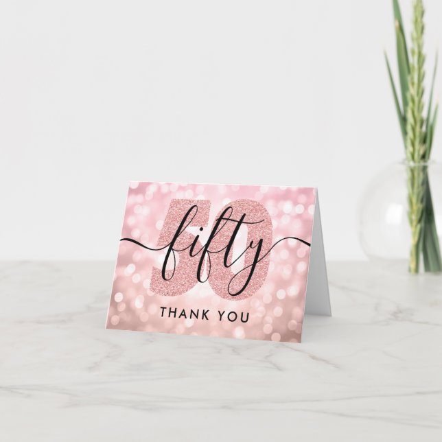 Tarjeta De Agradecimiento Elegante Rosa moderno oro 50 cumpleaños gracias (Anverso)