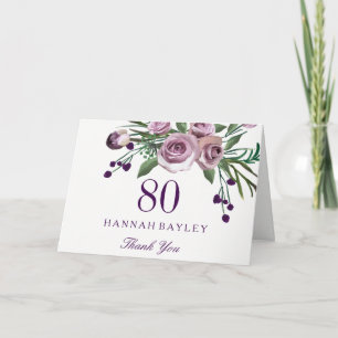 Tarjeta De Agradecimiento Elegante Rosa morado floral 80 cumpleaños gracias
