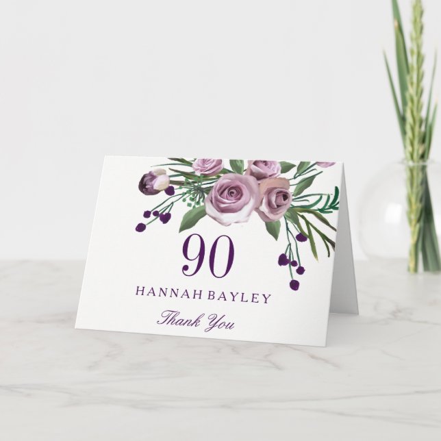 Tarjeta De Agradecimiento Elegante Rosa morado floral 90 cumpleaños gracias (Anverso)