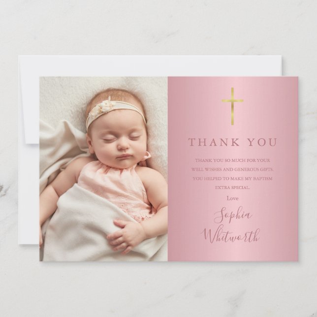 Tarjeta De Agradecimiento Elegante Rosa Oro Bautismo Christening Photo (Anverso)