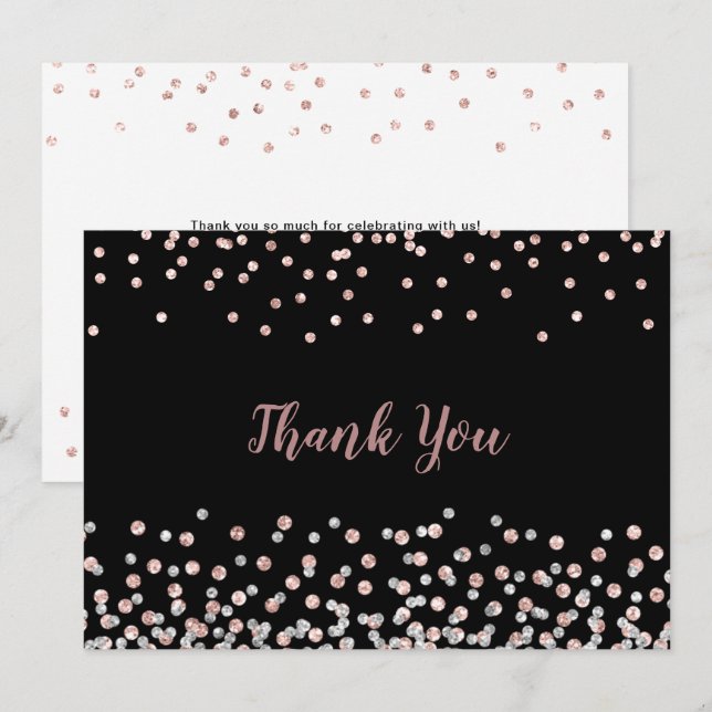 Tarjeta De Agradecimiento Elegante Rosa Plata Confetti de oro (Anverso / Reverso)