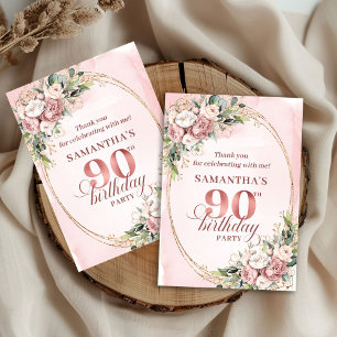 Tarjeta De Agradecimiento Elegante Rosa Polvo Dorado Floral Cumpleaños 90 