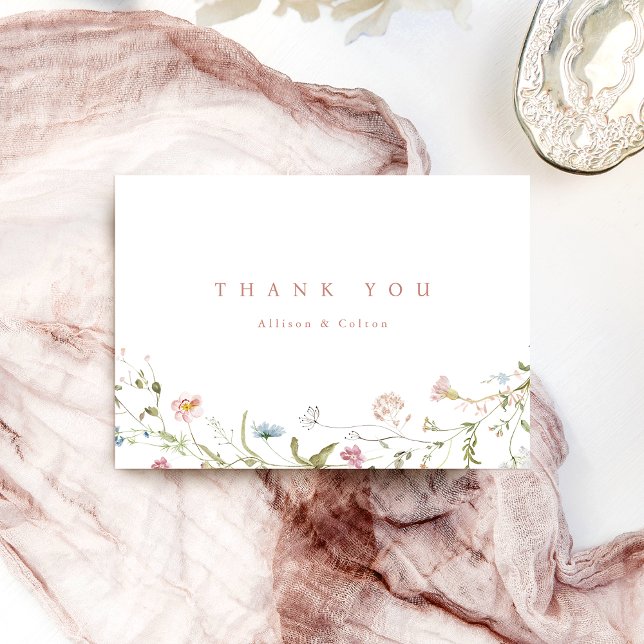Tarjeta De Agradecimiento Elegante Rosa Polvo Silvestre Rústico Boho Boda (Elegant Dusty Pink Wildflower Rustic Boho Wedding Thank You Card)