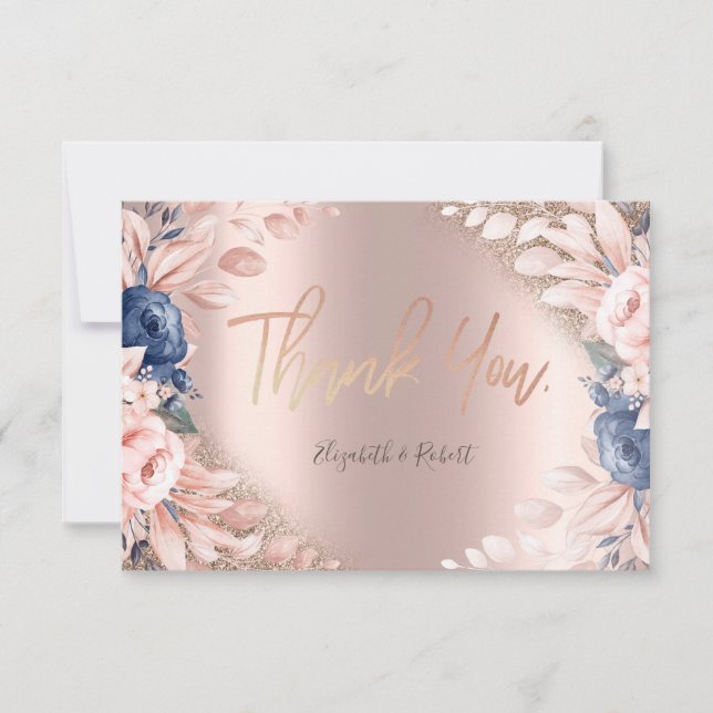 Tarjeta De Agradecimiento Elegante Rosa Purpurina Oro Flor Azul Ombre (Anverso)