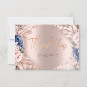 Tarjeta De Agradecimiento Elegante Rosa Purpurina Oro Flor Azul Ombre