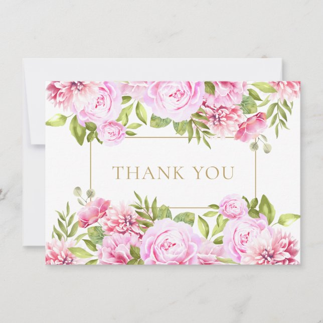 Tarjeta De Agradecimiento Elegante rosa Roses Floral Oro Geométrico (Anverso)