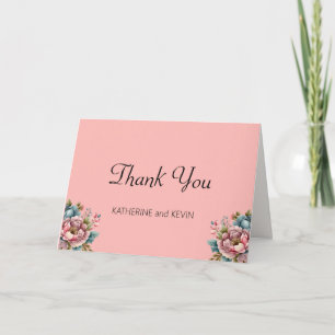 Tarjeta De Agradecimiento Elegante Rosa  Verde azulado Floral Azul Boda