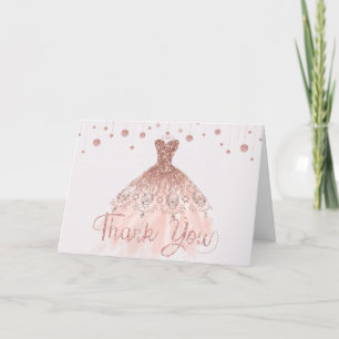 Tarjeta De Agradecimiento Elegante Rosa Vestido de Oro Quinceañera 15º cumpl