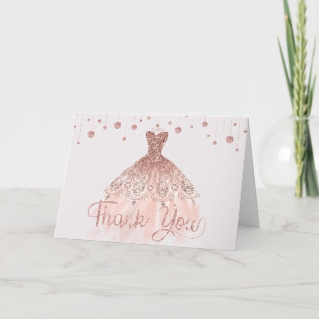Tarjeta De Agradecimiento Elegante Rosa Vestido de Oro Quinceañera 15º cumpl (Anverso)