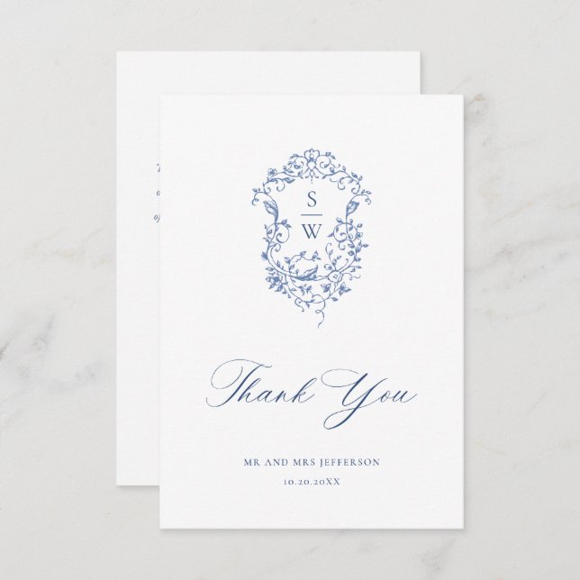 Tarjeta De Agradecimiento Elegante Rosas franceses azules Boda floral jardín (Anverso / Reverso)