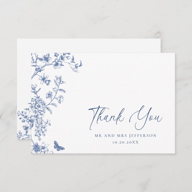 Tarjeta De Agradecimiento Elegante Rosas franceses azules Boda floral jardín (Anverso / Reverso)