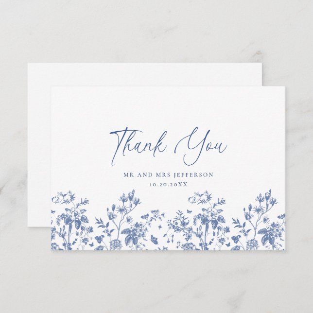 Tarjeta De Agradecimiento Elegante Rosas franceses azules Boda floral jardín (Anverso / Reverso)