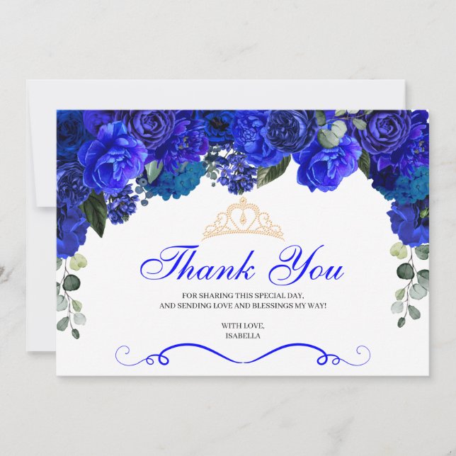 Tarjeta De Agradecimiento Elegante Royal Floral Azul Quinceanera Gracias (Anverso)