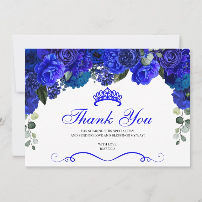 Tarjeta De Agradecimiento Elegante Royal Floral Azul Quinceanera Gracias (Anverso)