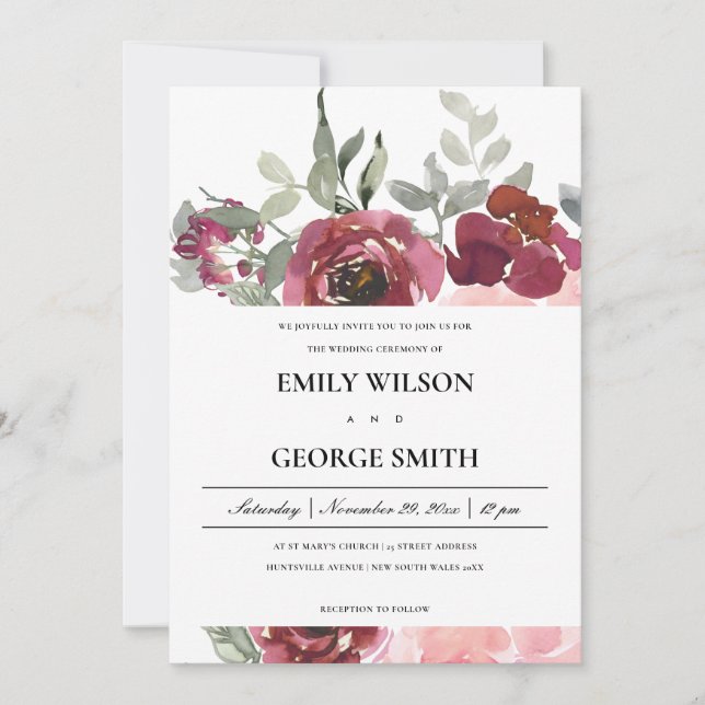 TARJETA DE AGRADECIMIENTO ELEGANTE RUBOR BURGUNDY ROSA FLORAL WEDDING INVITE (Anverso)