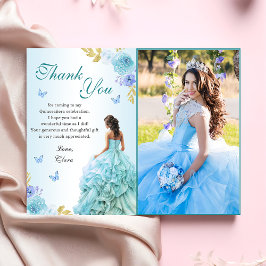 Tarjeta De Agradecimiento Elegante Rubor Floral Azul Quinceañera Cumpleaños