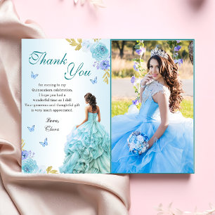 Tarjeta De Agradecimiento Elegante Rubor Floral Azul Quinceañera Cumpleaños