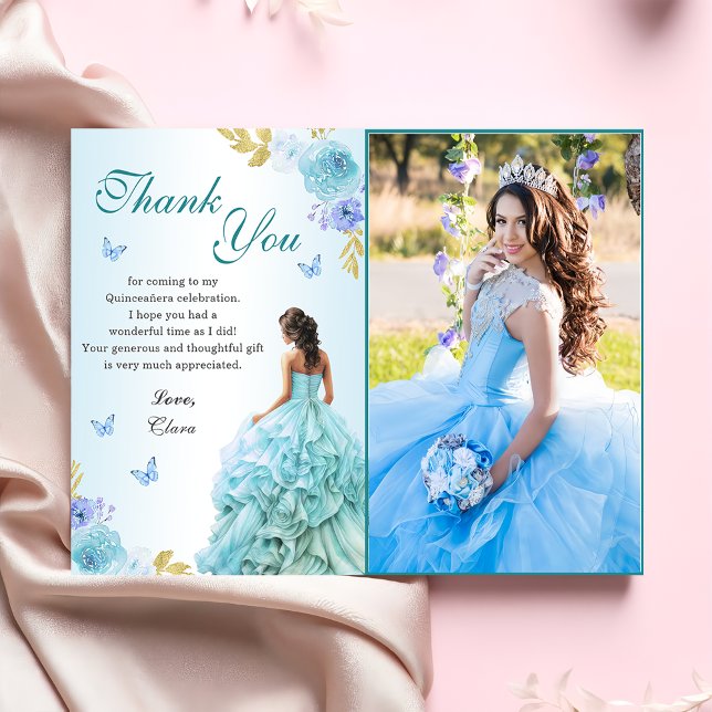 Tarjeta De Agradecimiento Elegante Rubor Floral Azul Quinceañera Cumpleaños (Subido por el creador)