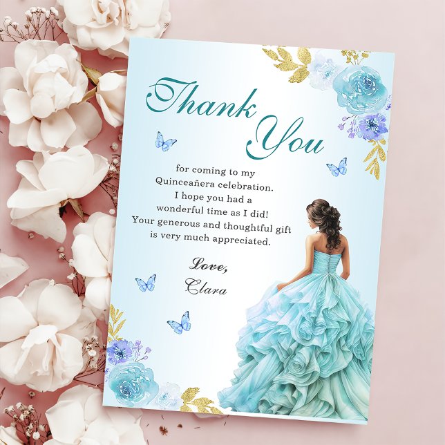 Tarjeta De Agradecimiento Elegante Rubor Floral Azul Quinceañera Cumpleaños (Subido por el creador)