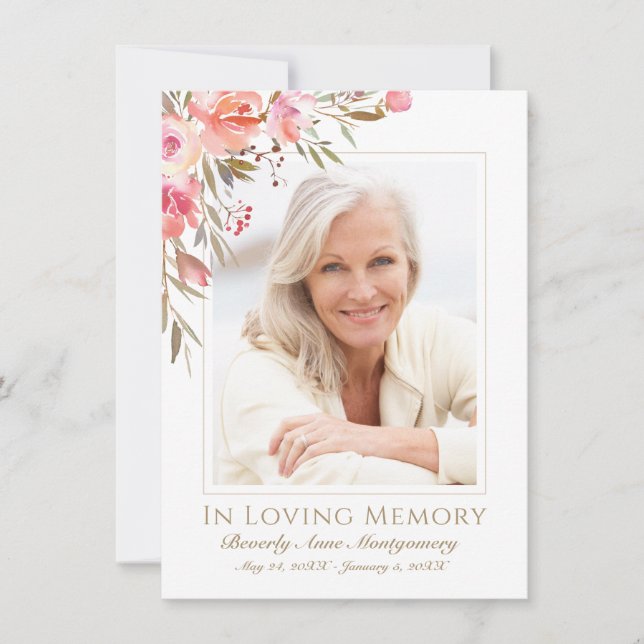 Tarjeta De Agradecimiento Elegante Rubor Floral Rosa Olive Font Funeral (Anverso)