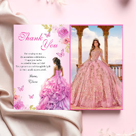 Tarjeta De Agradecimiento Elegante Rubor Floral Rosa Quinceañera Cumpleaños